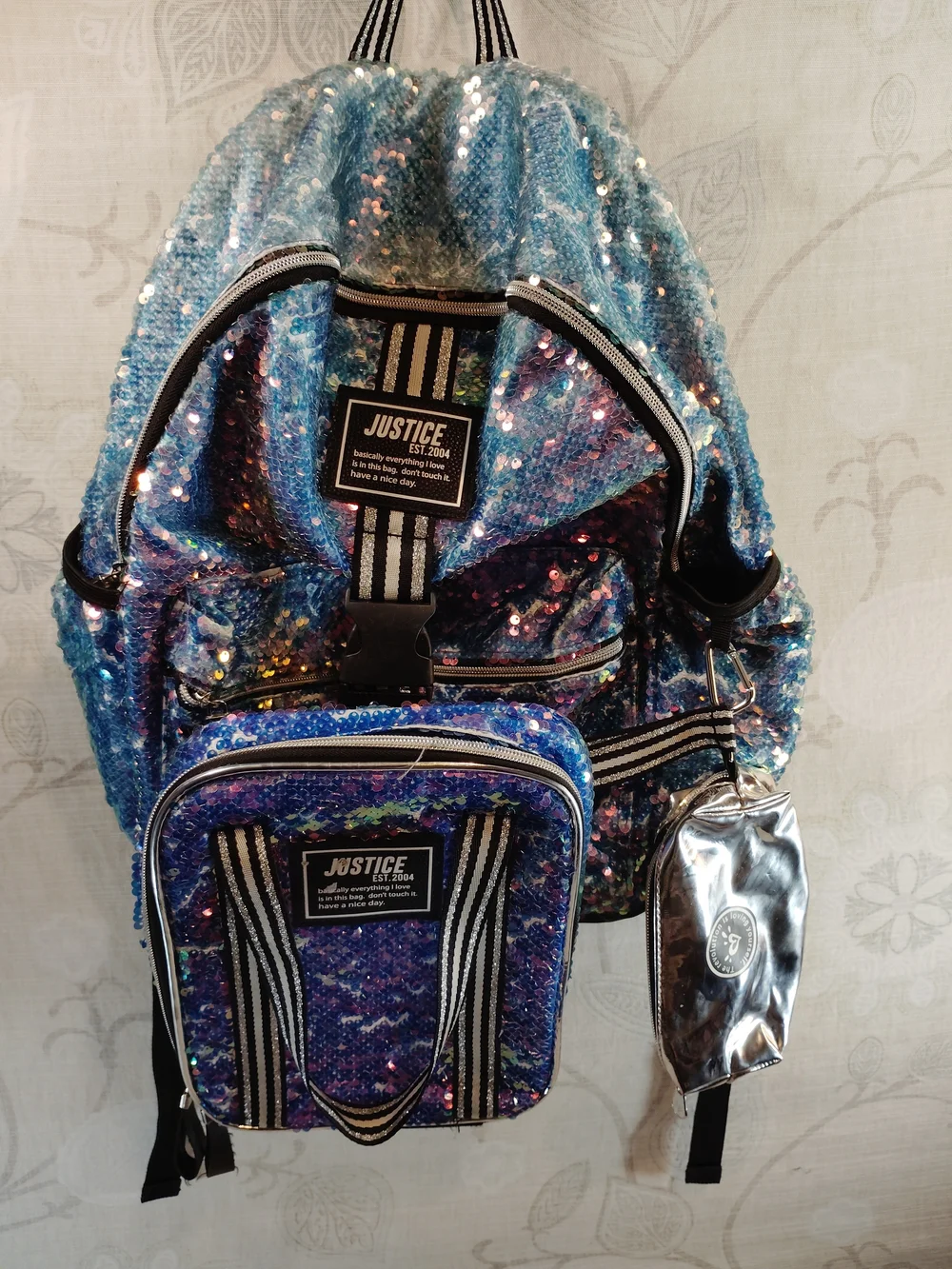 Justice Sequin Ombre Backpack in Blue and Purple with Silver Pouch